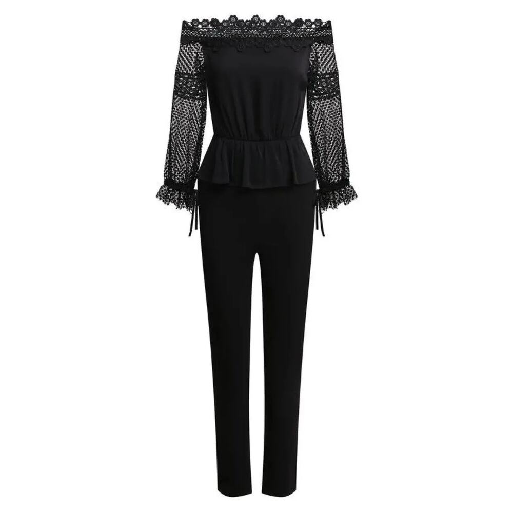 Self Portrait Black Lace Panelled Crepe Jumpsuit